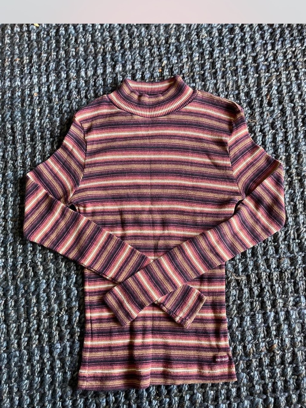 UNIONBAY Striped Mock Neck Top in Burgundy, Pink & Mustard